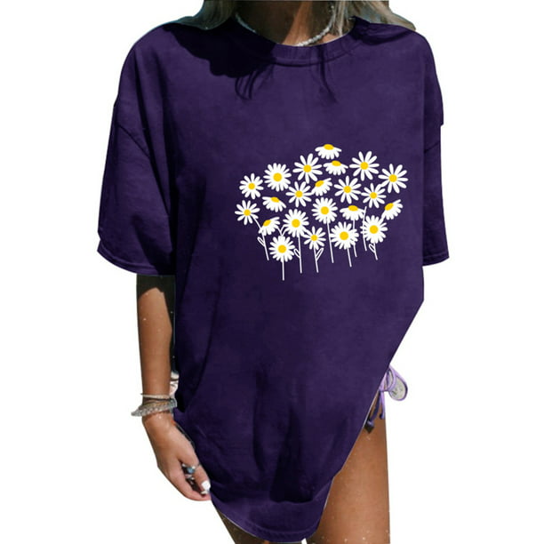 Women Summer Crew Neck Short Sleeve T Shirt Daisy Print Blouse Casual Tops Tee